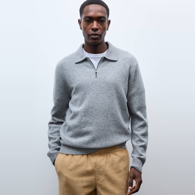 Pull col polo zippé en laine gris chine moyen <span itemprop=