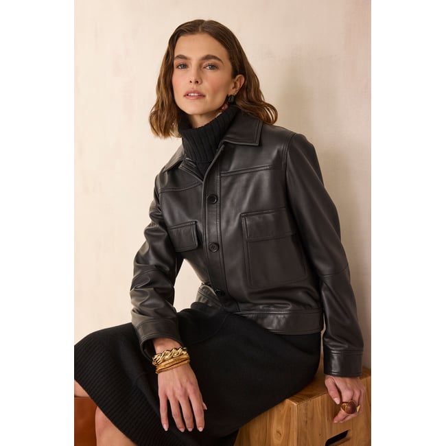 Blouson court en 100% cuir PACHA noir <span itemprop=