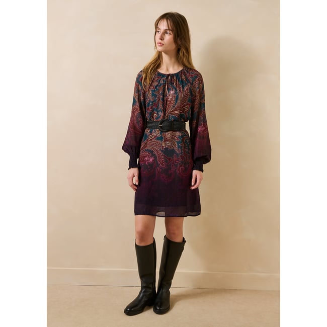 Robe courte à imprimé manches longues petrole <span itemprop=