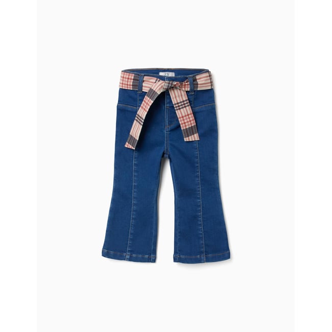Jean évasé avec poches et ceinture à carreaux bleu <span itemprop=