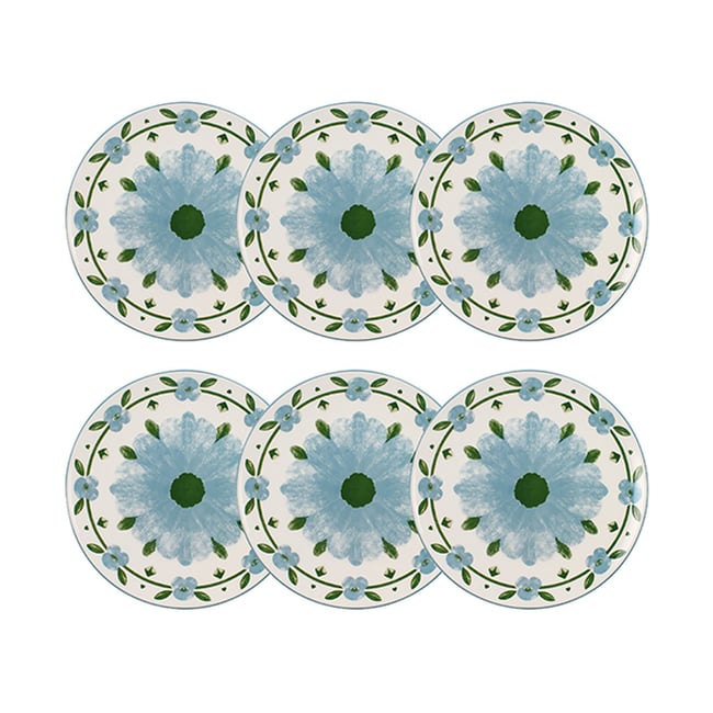Lot de 6 assiettes plates 27cm en porcelaine, PRIMAVERA Couleur blanc et bleu <span itemprop=