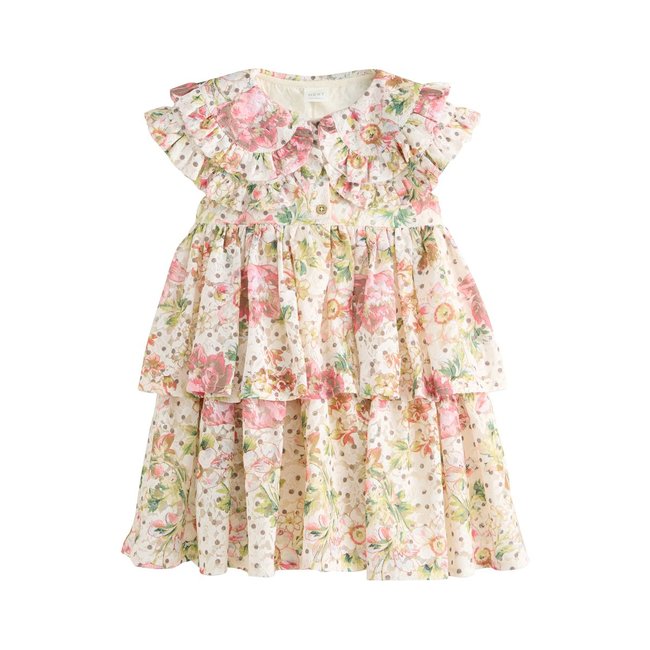 Robe sans manches à volants et col dentelle motif fleurs <span itemprop=