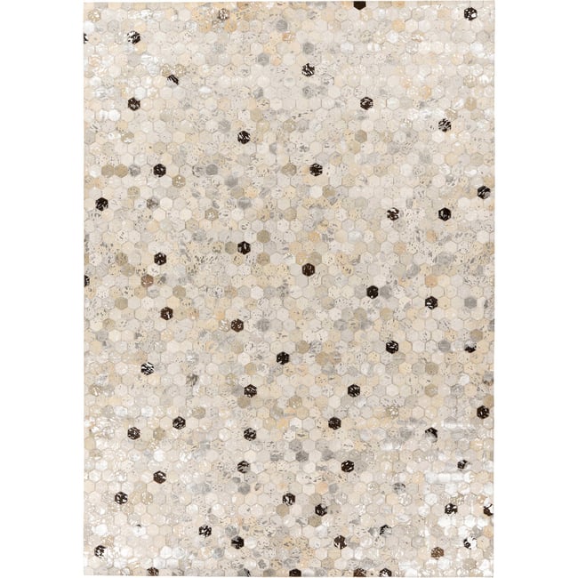 Tapis en cuir patchwork cousu main Couleur gris argent nuancé beige et blanc <span itemprop=