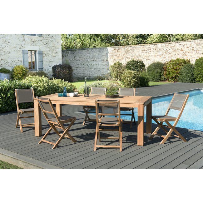 Salon de jardin contemporain bois de teck table de jardin 220x100cm + 6 chaises pliantes BERGEN bois naturel <span itemprop=
