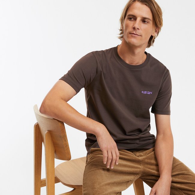 T-shirt brodé col rond manches courtes  marron foncé <span itemprop=