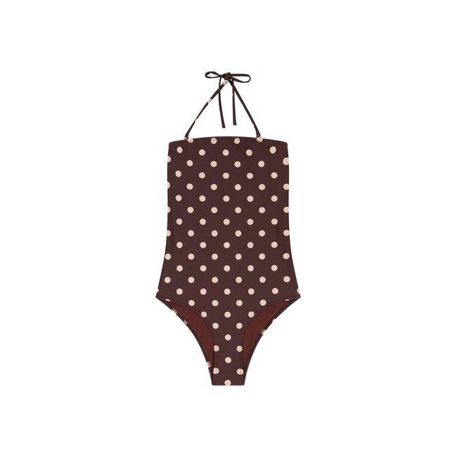 Maillot 1 pièce bustier imprimé marron à pois <span itemprop=