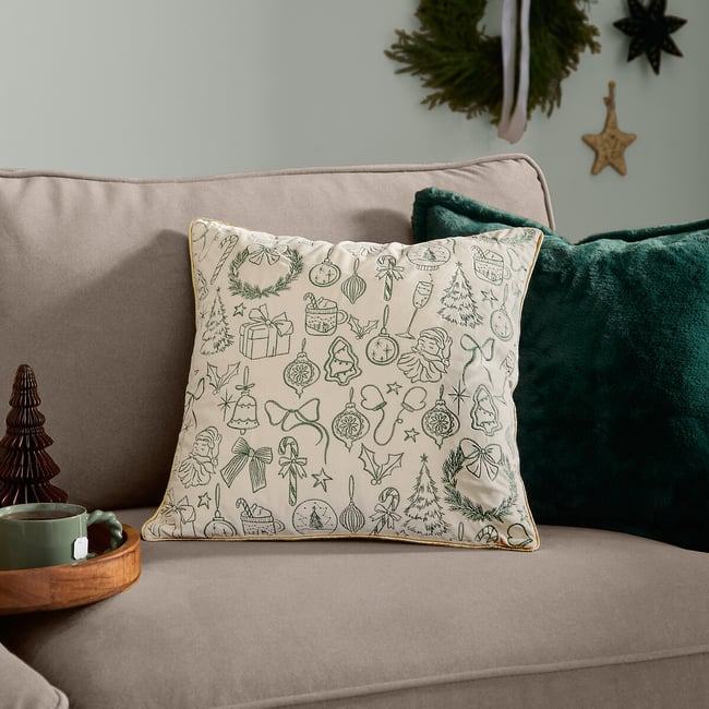 Merry Christmas Velvet Cushion, ecru/green, FURN.