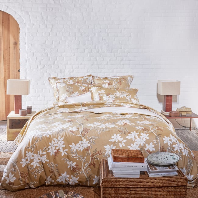Housse de couette imprimée en satin de coton bio, LÉGENDE jaune moyen <span itemprop=