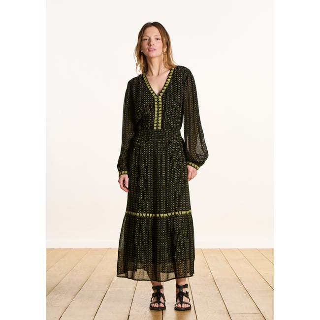 Robe longue cintrée imprimée à manches longues biriba <span itemprop=