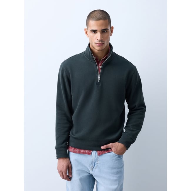 Sweat texturé à col zippé n. premium vert pin <span itemprop=