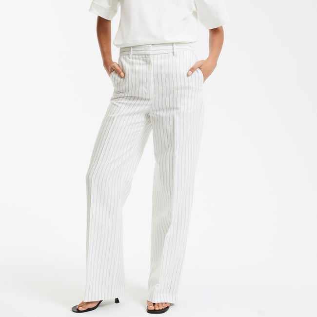 Pantalon loose, large taille haute  rayé écru/marine <span itemprop=
