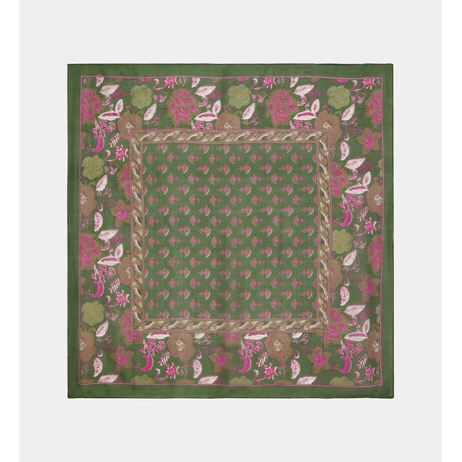 Foulard famaya fleuri en soie kaki <span itemprop=