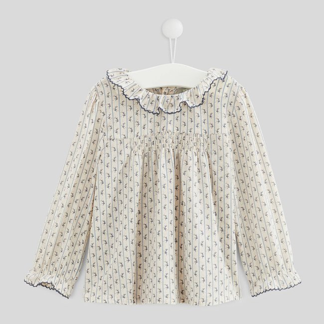Blouse manches longues col volant imprimée en coton BIO naturel <span itemprop=