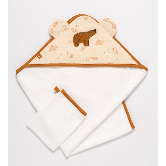 Cape de bain et gant en double gaze de coton et éponge beige <span itemprop=