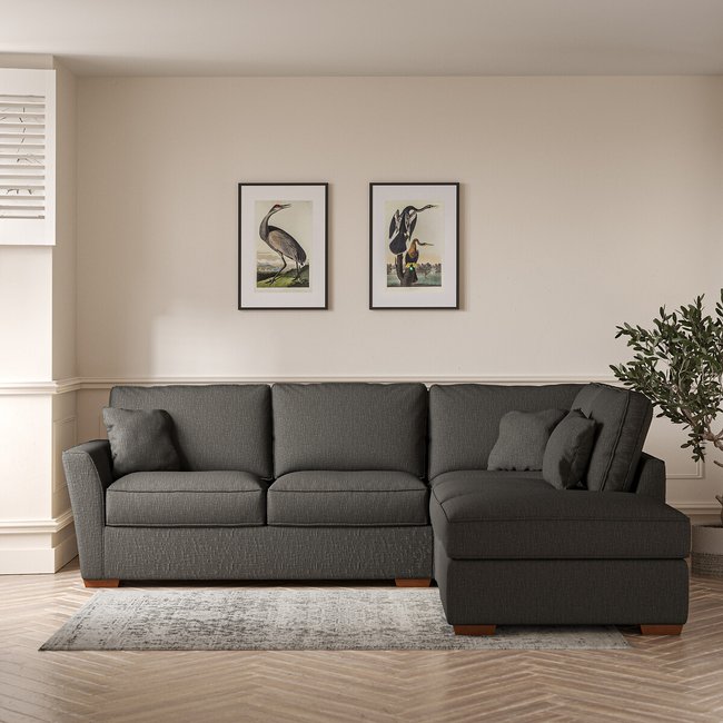 Florence Textured Woven Corner Sofa & Modular Footstool Set with Dark Brown Wood Legs (Right Facing) - SO'HOME