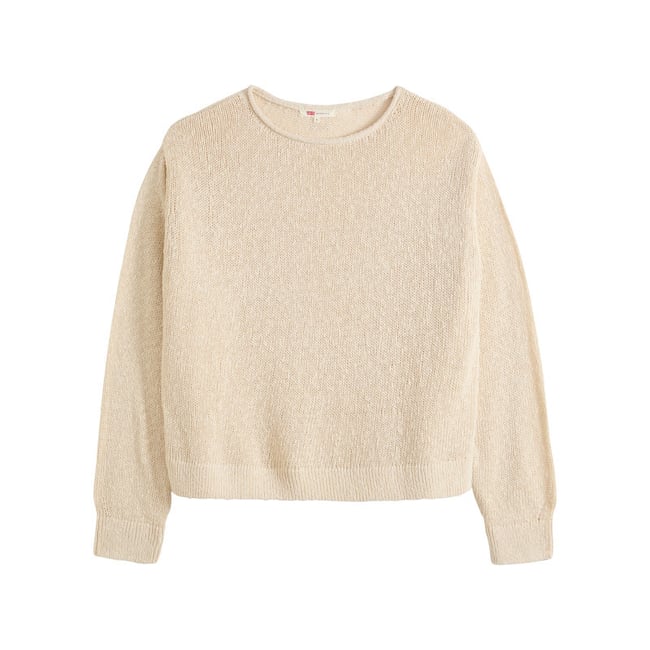 Pull en coton écru uni avec une coupe droite et un col rond beige <span itemprop=