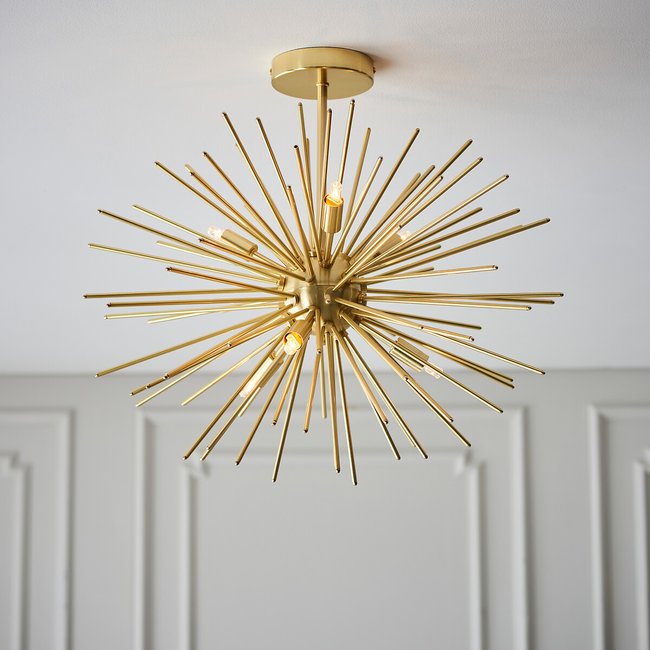 Gold Deco Sunbrust Semi Flush Ceiling Light, brass, SO'HOME