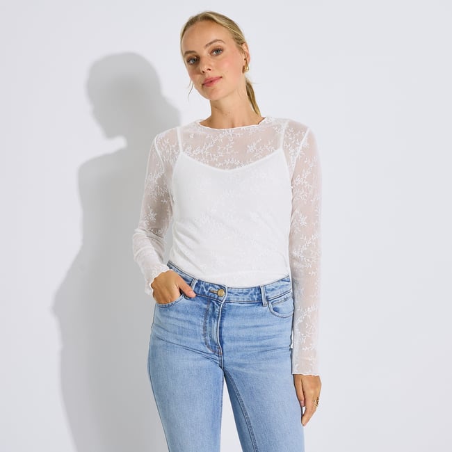 T-shirt effet superposé blanc cassé ecru <span itemprop=