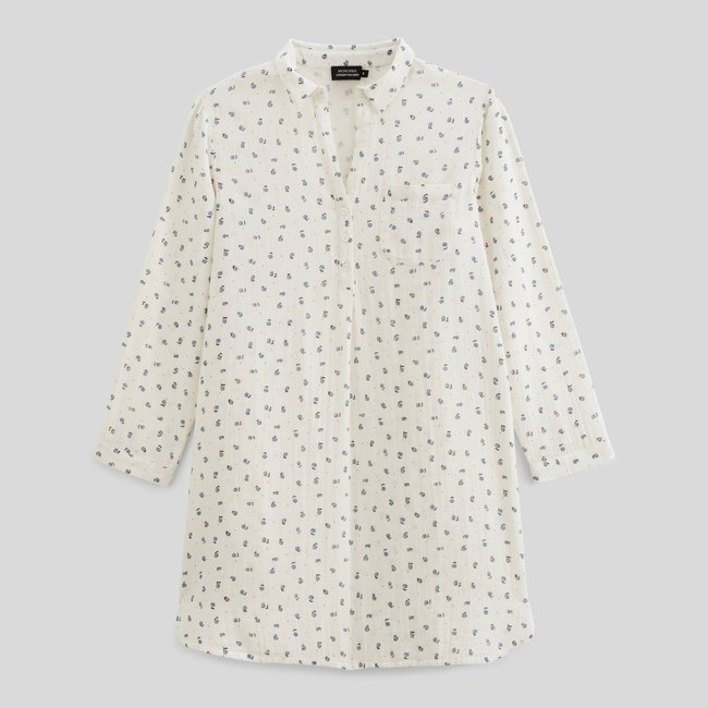 Chemise de nuit en gaze de coton BIO imprimé fleuri ecru <span itemprop=