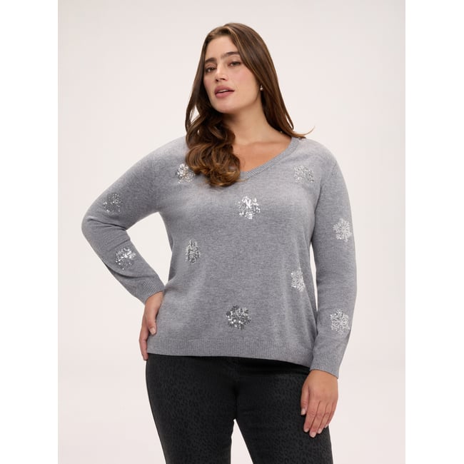 Pull avec paillettes florales gris <span itemprop=