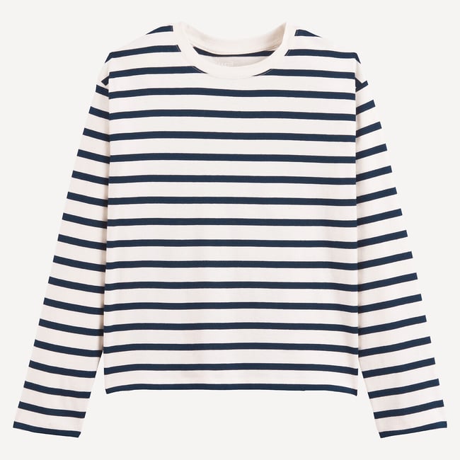 T-shirt marinière à manches longues rayé bleu marine/écru <span itemprop=