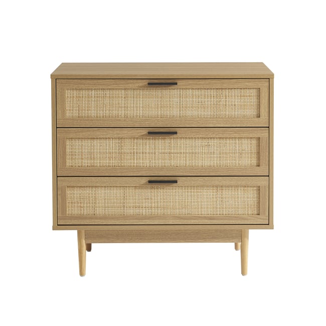 Commode cannage rotin 3 tiroirs  AMANA Couleur chêne clair <span itemprop=