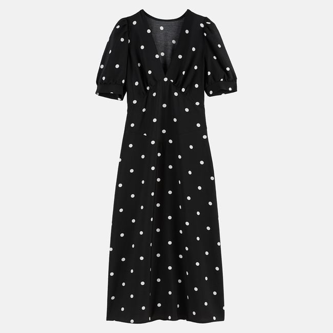 Robe midi col V, à pois, manches courtes imprimé pois <span itemprop=
