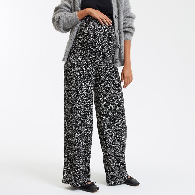 Pantalon large de grossesse, taille haute imprimé feuillage <span itemprop=