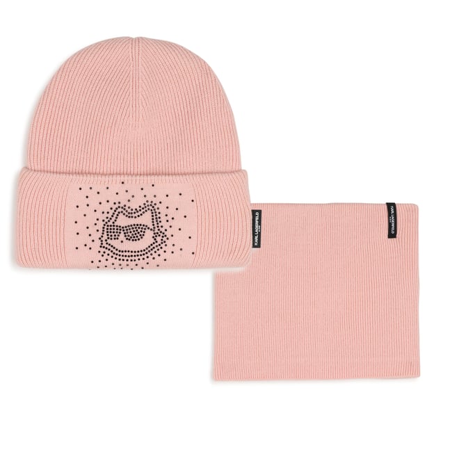 Ensemble bonnet et tour de cou rose petale <span itemprop=