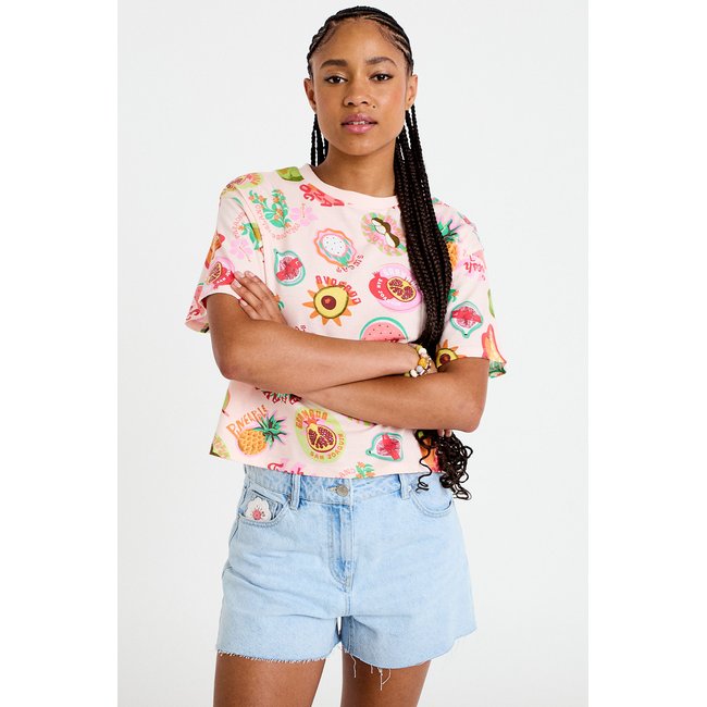 T-shirt droit cropped manches courtes beige <span itemprop=