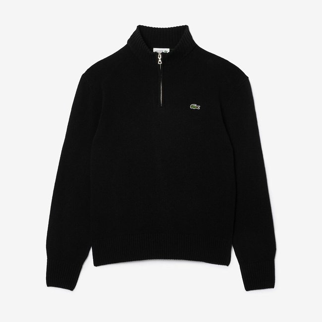 Pull zippé en laine cardée  col montant noir-031 <span itemprop=
