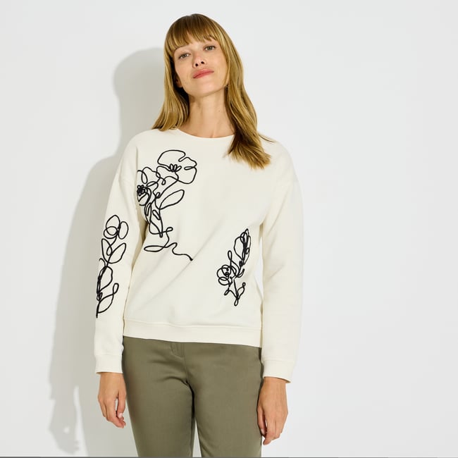 Sweat brodé motifs fleurs blanc cassé ecru <span itemprop=