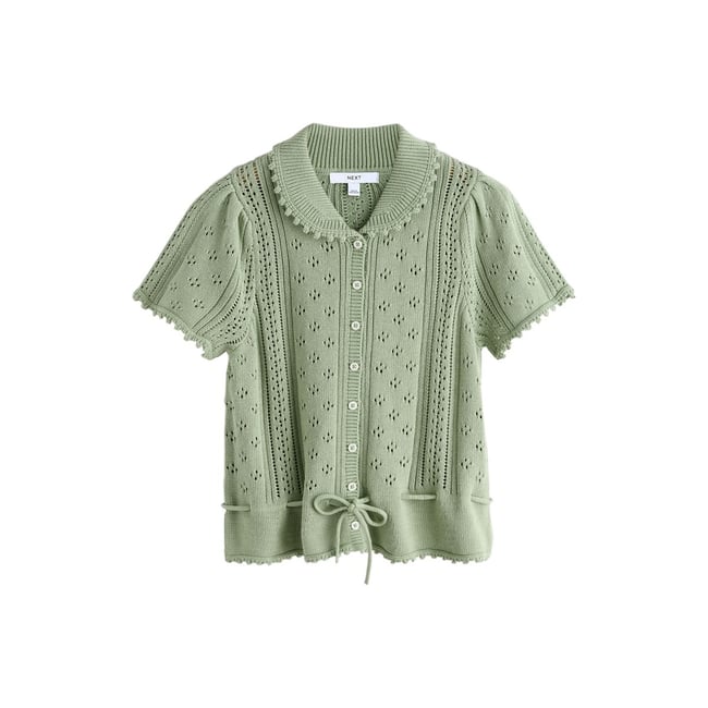 Cardigan en maille pointelle avec lien vert sauge <span itemprop=