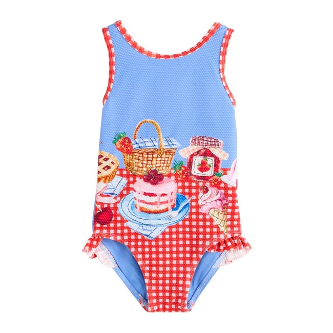 Maillot de bain à volants pique-nique à carreaux vichy rouge et bleu <span itemprop=
