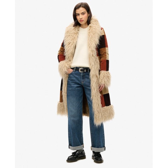 Manteau long afghan Patchwork velours côtelé marron en patchwork <span itemprop=