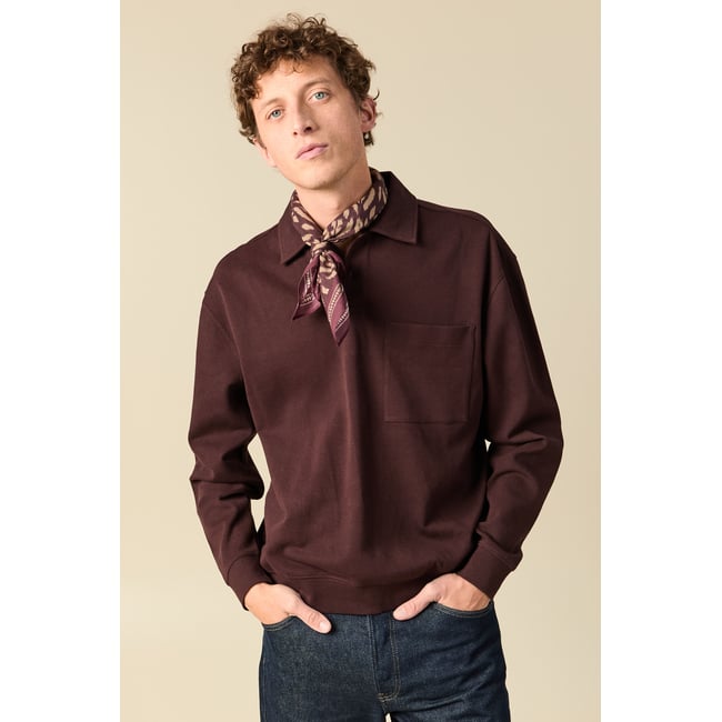 Polo ample manches longues col polo marron foncé <span itemprop=