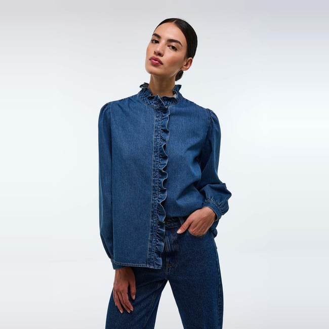 Blouse manches longues unie en denim en coton BIO GOTS stone denim <span itemprop=