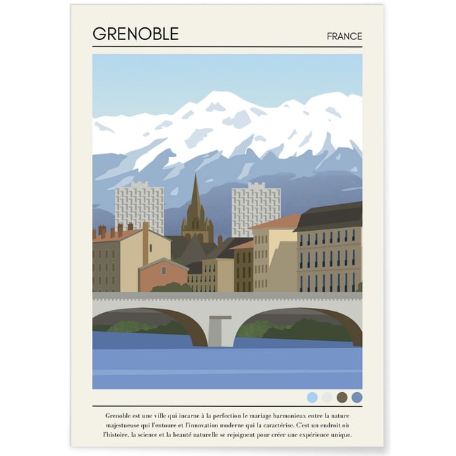 Affiche ville Grenoble Vintage Couleur blanc <span itemprop=