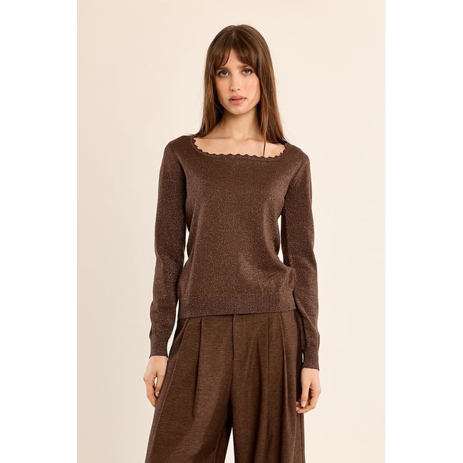 Pull col rond marron chocolat <span itemprop=