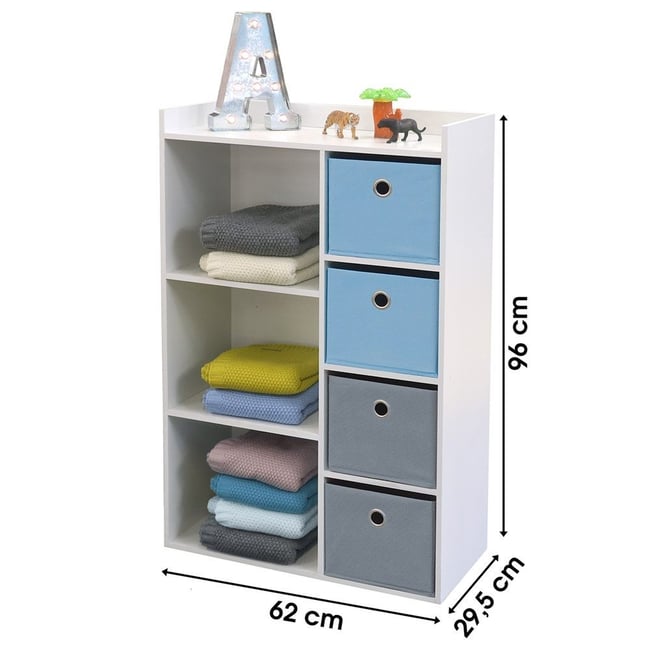 Armoire Enfant 3 Niches 4 Tiroirs Bleu Gris Happy Couleur v002232 <span itemprop=