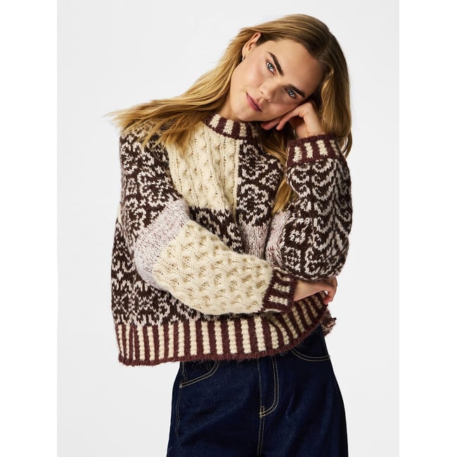 Pull manches longues, motif patchwork imprimé multicolore <span itemprop=
