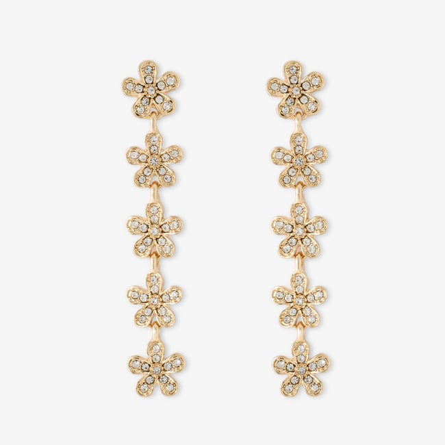 Boucles d'oreilles longues à petites fleurs strassées doré <span itemprop=