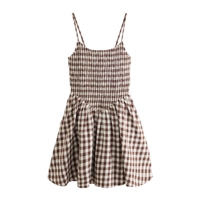 Combi-short à bretelles effet jupe-short brun chocolat / vichy crème <span itemprop=