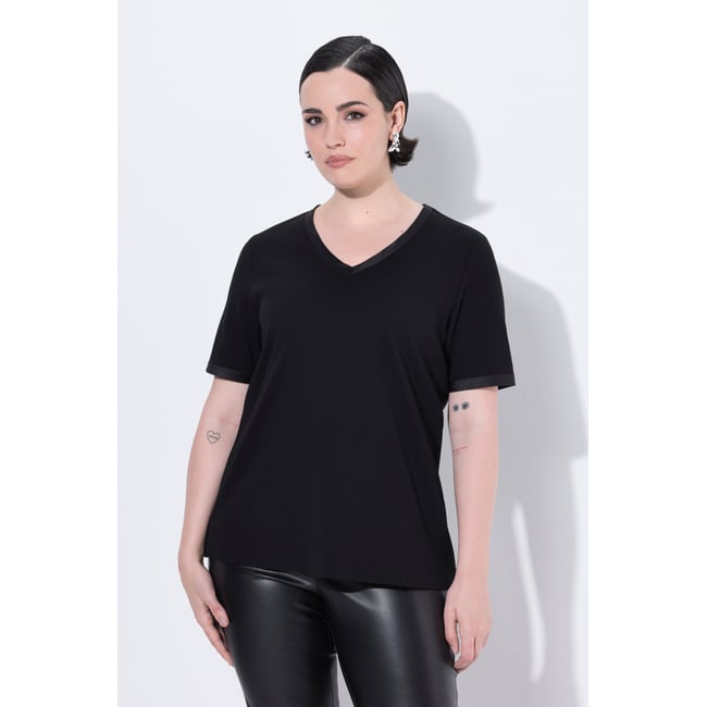 T-shirt en jersey côtelé, liseré en satin - ULLA POPKEN
