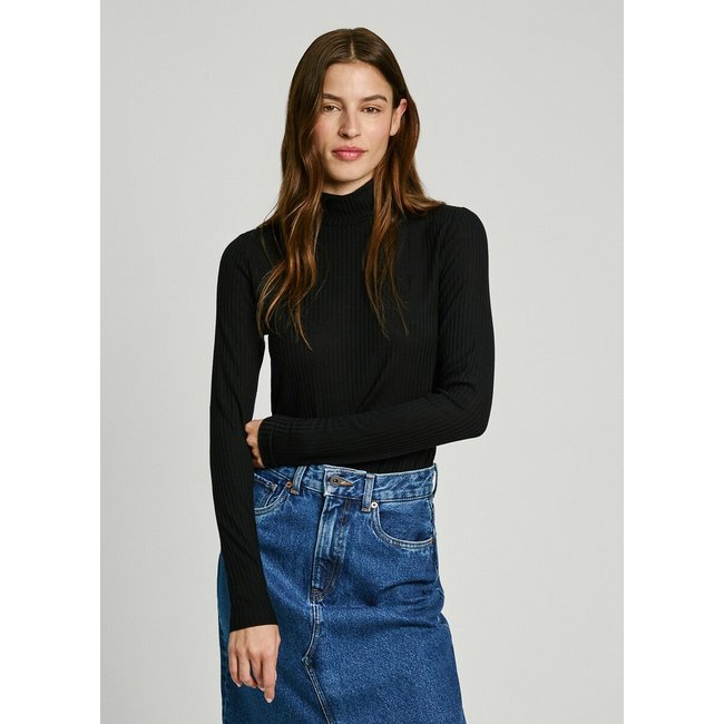 Camisola de gola alta, mangas compridas, flory preto <span itemprop=