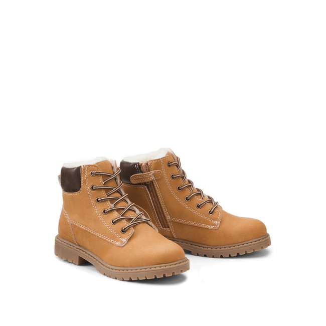Bottines fourrées à lacets et zippées camel <span itemprop=