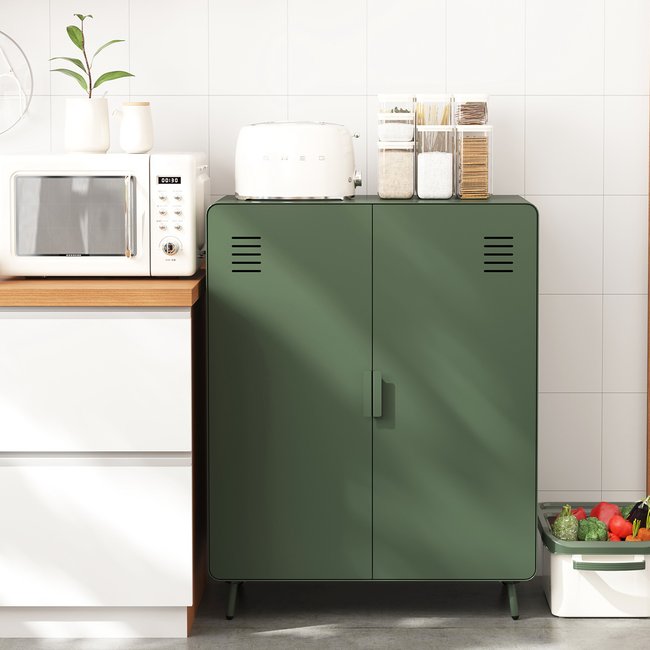 Buffet Haut avec 2 portes et 3 couches en métal industriel, WALNUTKITCHEN Couleur vert foncé <span itemprop=
