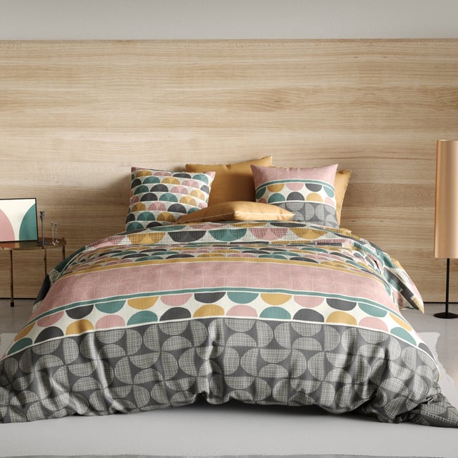 Parure housse de couette imprimée avec taie(s) coton, Thanos rose <span itemprop=