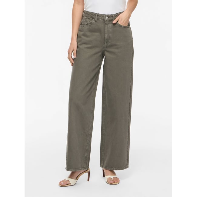 Jean large taille haute vert chiné <span itemprop=