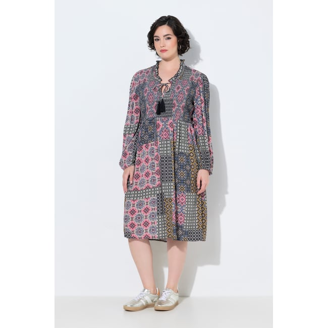 Robe midi, jeu de motifs moutarde <span itemprop=